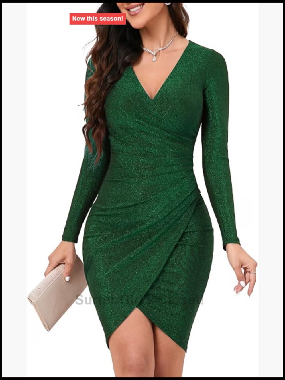 Women's Sequin Glitter Faux Wrap Ruched Bodycon Party Mini Club Dress Long